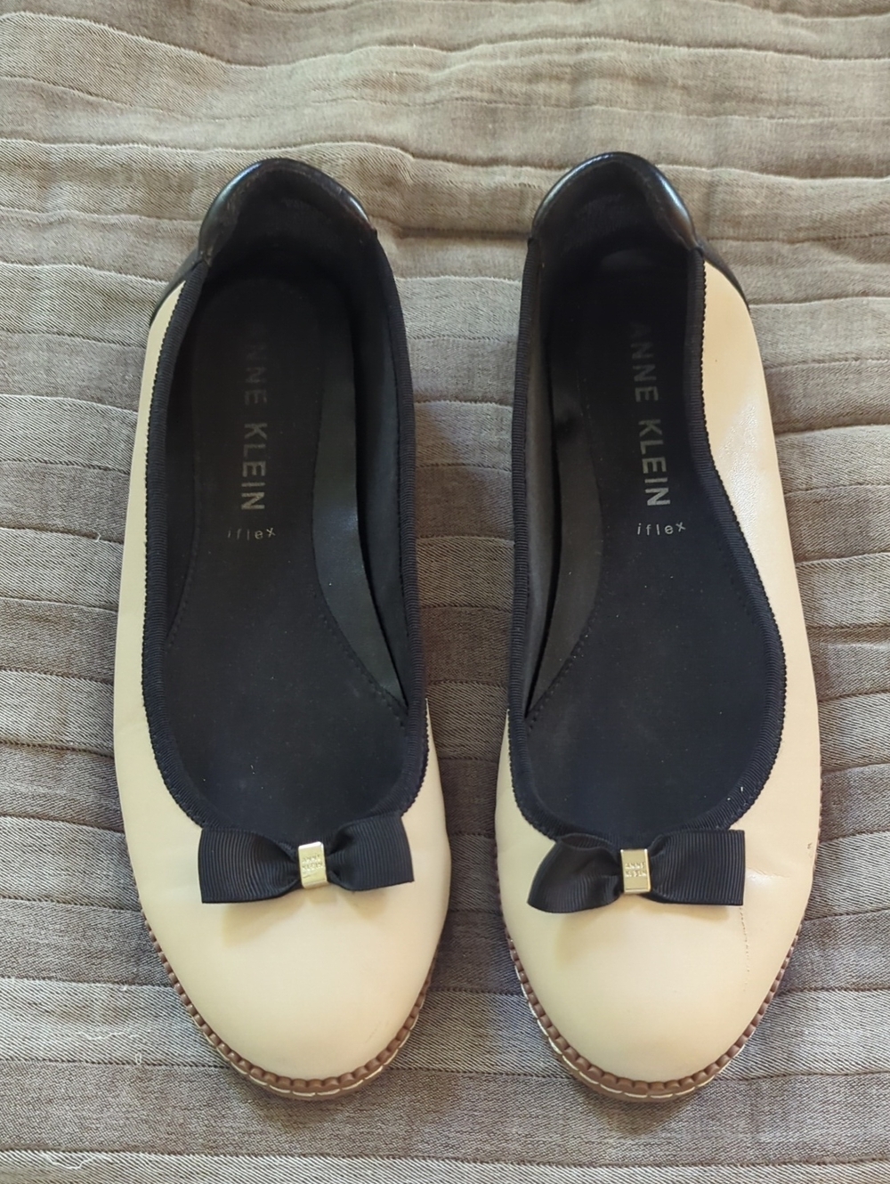 Anne Klein Cream and Black Bow Slip-On Ballet Flats